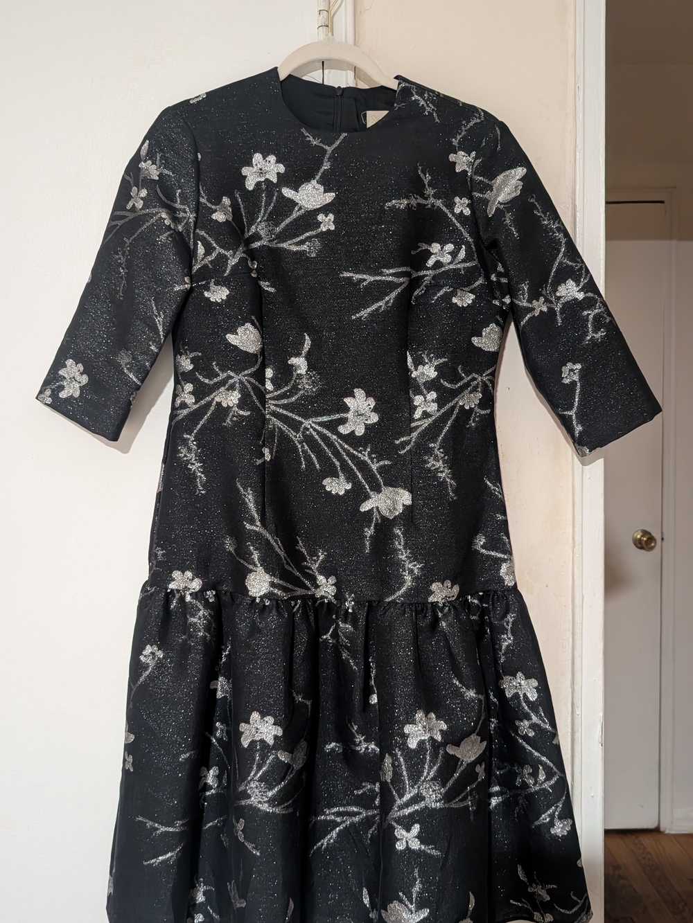 Women's Black Floral Metallic-Accent Long Sleeve Dress